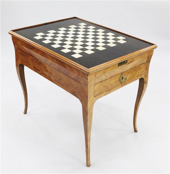 A Louis XVI tulipwood combined writing and games table, H.2ft 5in. W.2ft 8in. D.2ft 1in.